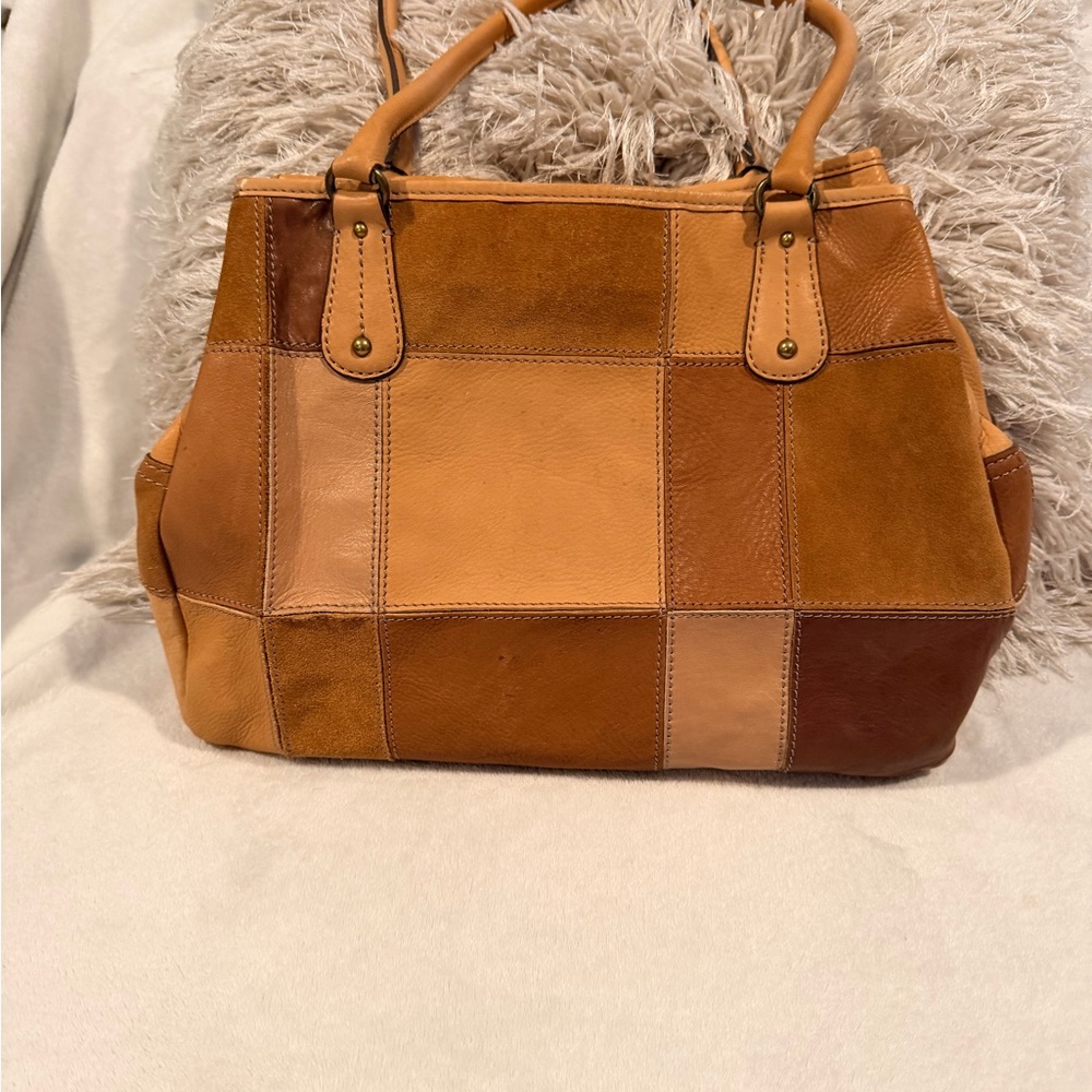 Fossil Patchwork Leather Tote - Tan and Brown